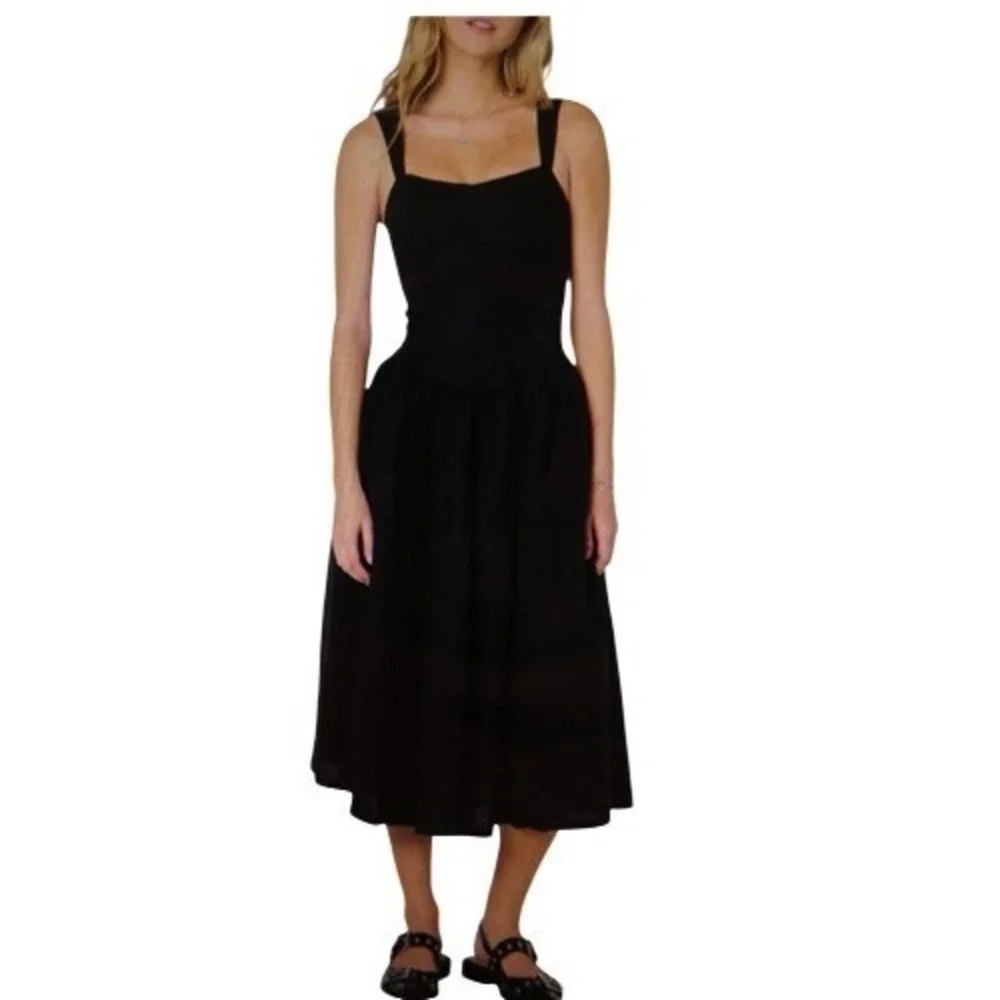 The Drop Black Linen Blend Smocked Back Midi Dress Sleeveless Square Neck Large - Picture 1 of 7